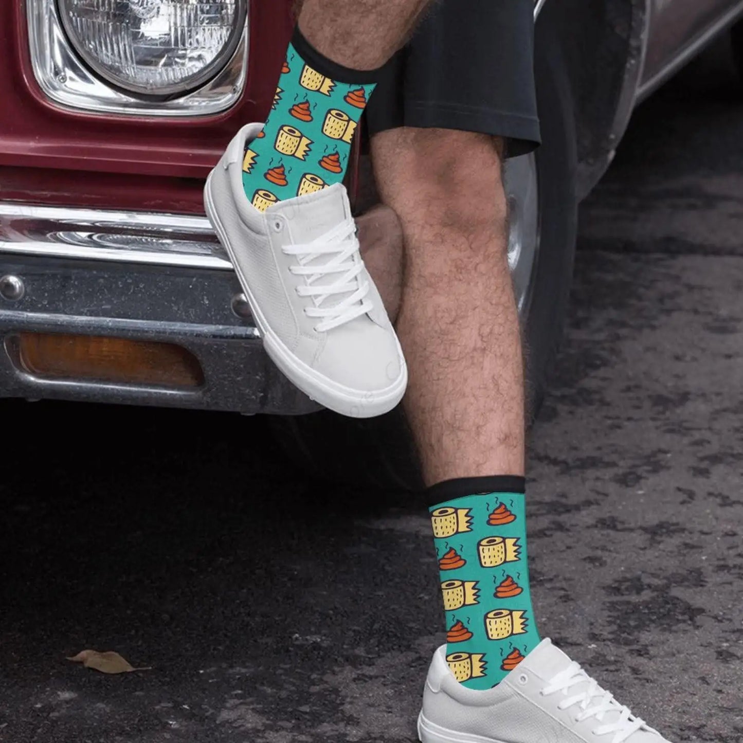 Turquoise Poop & Toilet Paper Crew Socks – Fun & Crazy Style!