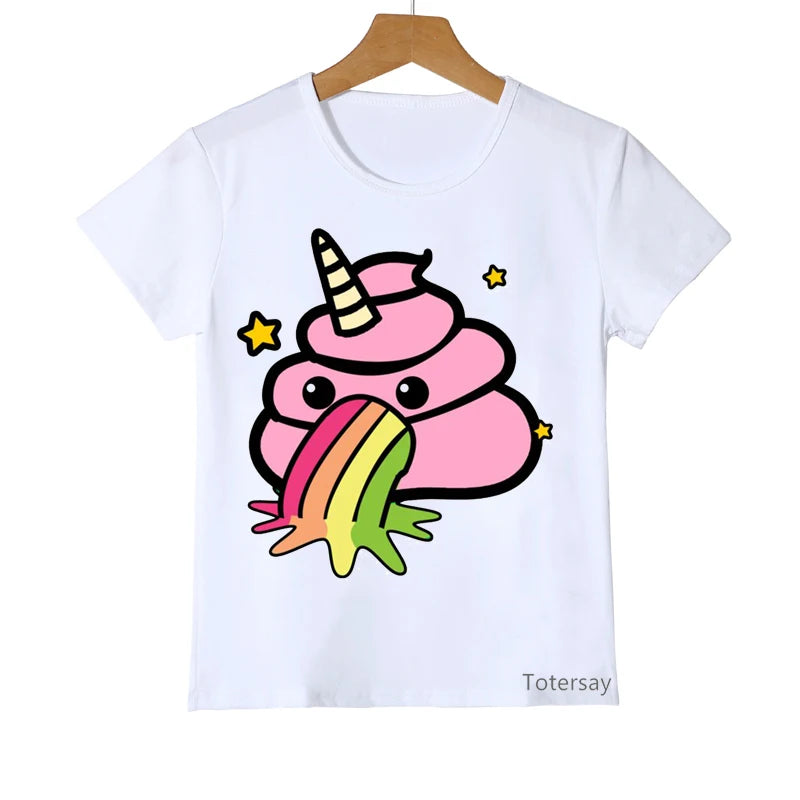 Unisex Kids' Rainbow Unicorn Poop Graphic T-Shirt – Playful Summer Shirt