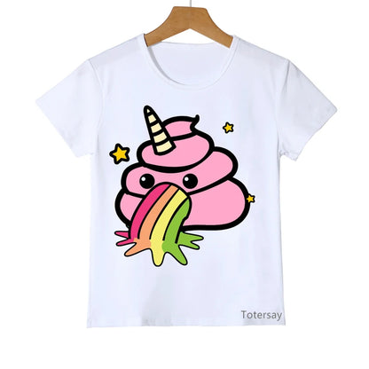 Unisex Kids' Rainbow Unicorn Poop Graphic T-Shirt – Playful Summer Shirt