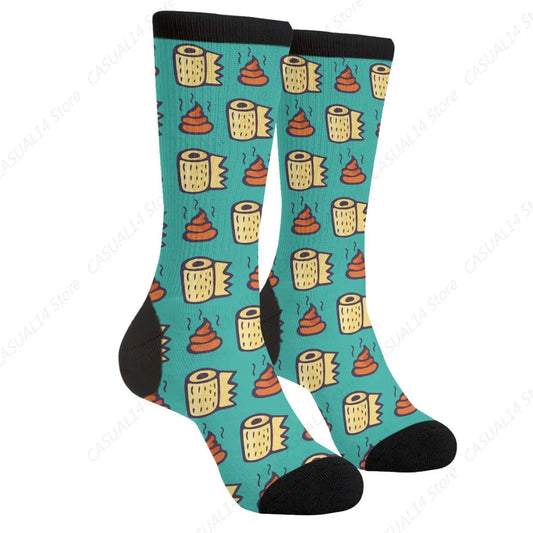 Turquoise Poop & Toilet Paper Crew Socks – Fun & Crazy Style!